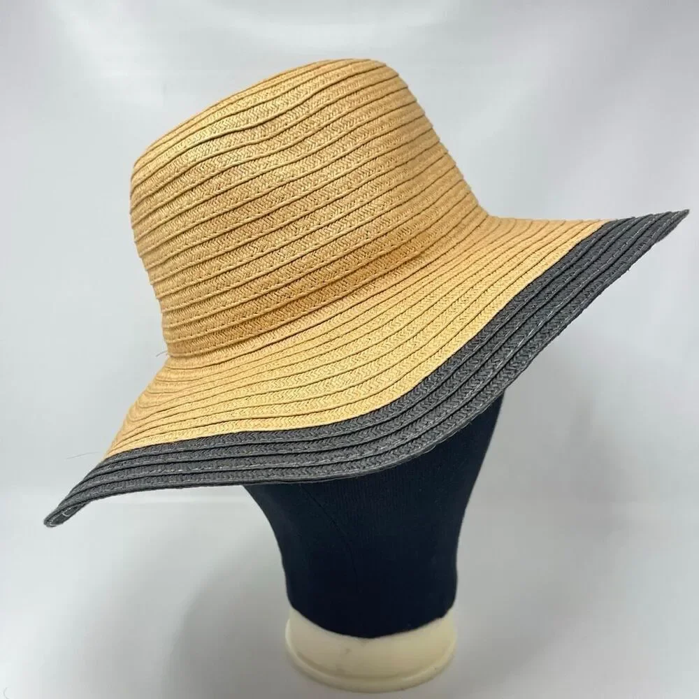 Forever 21 Beige Black Soot Floppy Wide Brim Woven Paper Sun Hat One Size OSFM